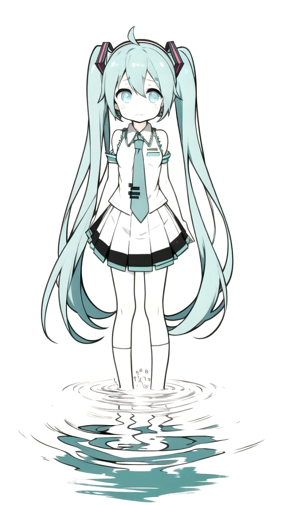 best quality, chibi, 1 girl,  miku, Hatsune Miku, (full body), Pure white background,Vivid,clearly,sad face,Are crying,Swim in the water