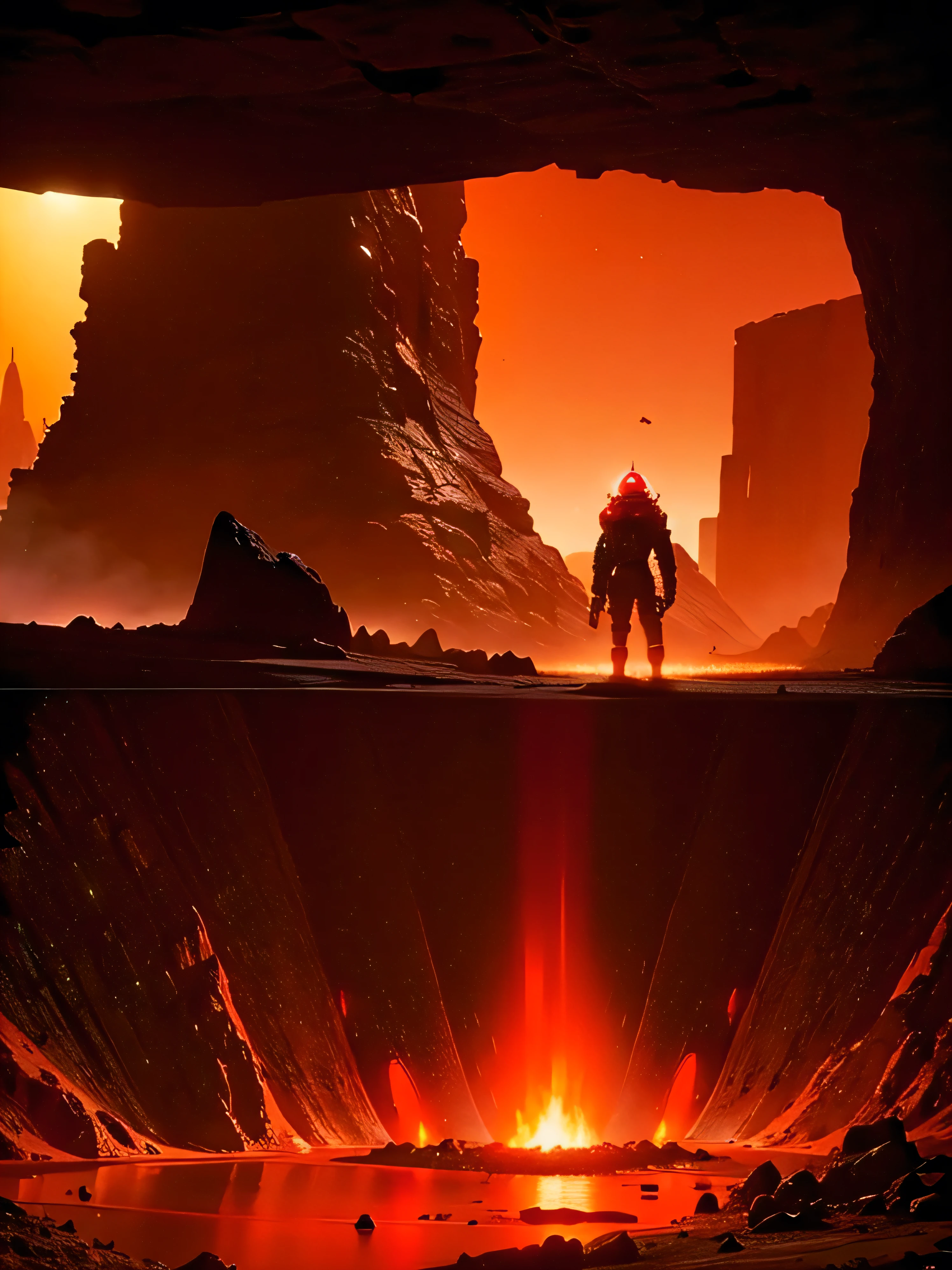 cybernetic Mars with a red light inside, mechanized Mars crust, Mars sprouts lava, Mars' red mantle is visible, hollow Mars, vtm, canyons and ridges all across earth, geysers of fire,