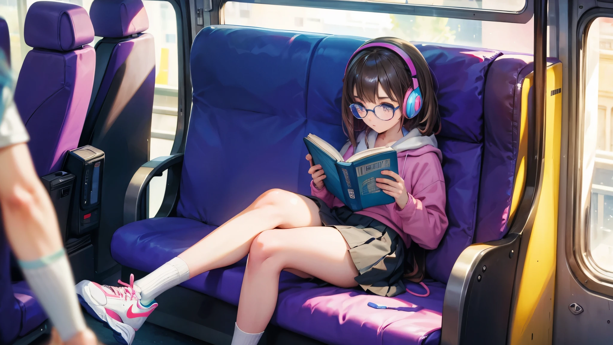  Girl sitting on bus, reading a book and listening to music with headphones, wearing glasses, a skirt and nike sneakers, with white socks looking at the book onlyone person