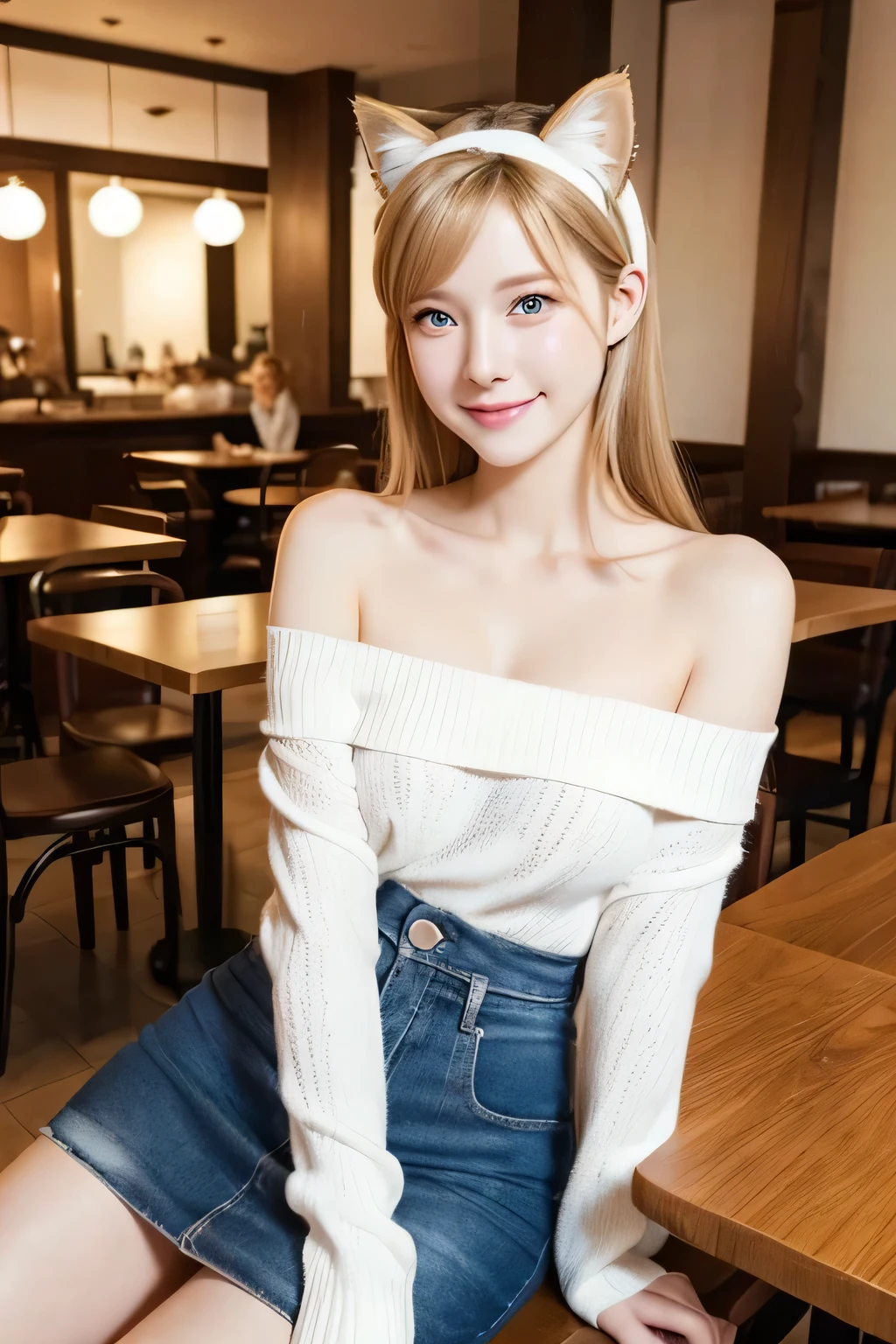 highest quality, Ultra-high resolution, (Realistic:1.4), Cat ears headband、Off-the-shoulder white knit、Japanese、Gal、Blonde、blue eyes、cute、smile、Cafe interior in the background、Sitting in a seat