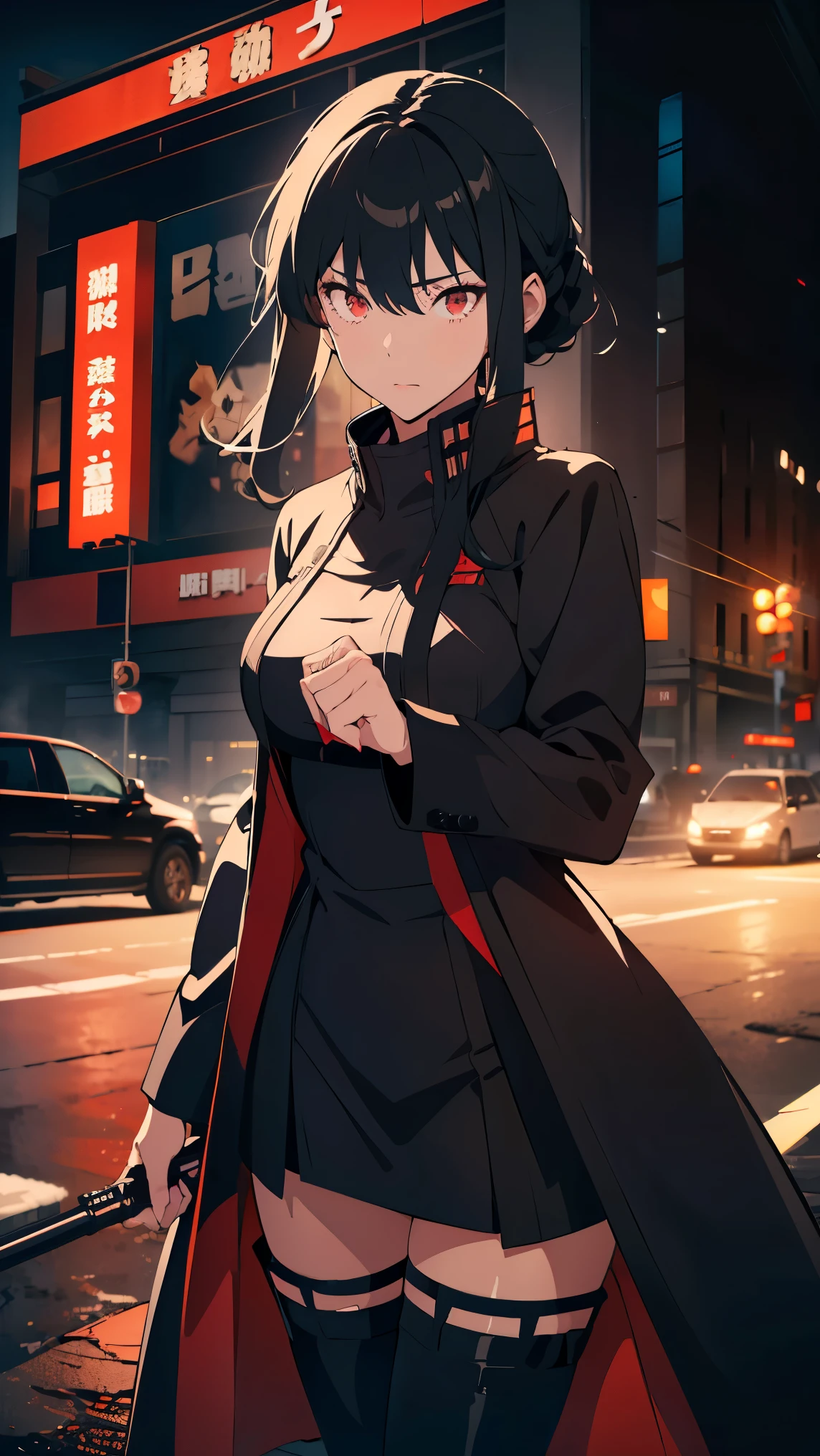 Girl1,Jujutsu Kaisen,(black coat,long black skirt,Black thigh stockings,city),(night,neon),Very details,8K wallpapers, top quality, high precision, beautiful lighting, realistic shade, high precision, detailed skin, very detailed,(faces and detailed eyes),cowboy shot