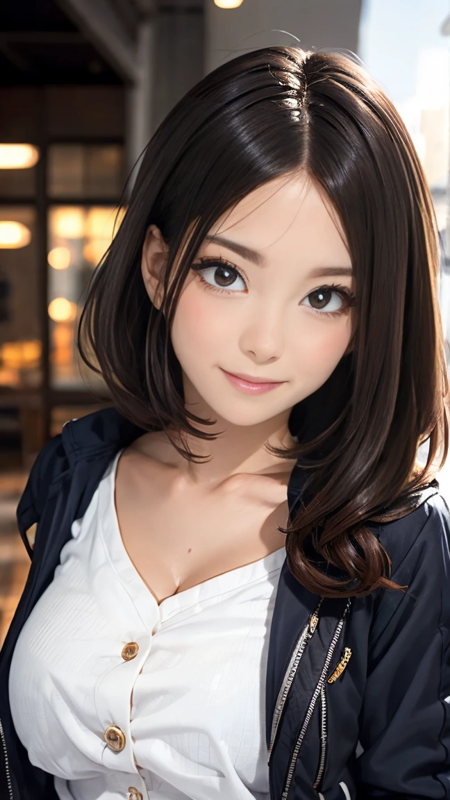 ((((highest quality)))), (((Ultra-precision CG 16K))), (((masterpiece))), (((Very detailed))), (((Extremely detailed))), (((Black outline:1.3, Written boundary depth:1.3 , Written soft outline))), Blur, Bokeh, Maximum clarity and sharpness,Multilayer Texture, Surface Shading, Cinematic lighting, Beautiful details sparkle ,Perfect Proportions, Limited to one woman, BREAK accurate, Anatomically correct, Highly detailed face and skin texture, drawn in detail, Highly detailed facial and skin texture, Detailed eyes, beautiful hair, Beautiful Japanese Idol face, Beautiful and beautiful eyes, Beautiful body, Beautiful breasts, Beautiful thighs, Beautiful legs, Beautiful fingers, (Beautiful views) , skinny body,  ((Beautiful Skin)), ((Skin Texture)) BREAK breast enlarged, large Breasts, perky , (blush, smiling:1.3, brown eyes, pink cheek, Double eyelids, Thin eyebrows, narrow eyes:1.3, Natural cheeks, Glossy skin, Fair skin:1.2, (Glossy lips:1.4, shiny lips: 1.4 ), high school student, Attractive adult woman ) , twin braid, Long Hair, Striped Hair, Hair Intake, Inner hair color, BREAK (casual, wearing outerwear outfits to button up:1.3) , nail art, necklace, Bridal Ring, wearing a watch BREAK (Stretching upwards:1.3), standing:1.3 , (full-body-shot:1.3), looking away , from below 