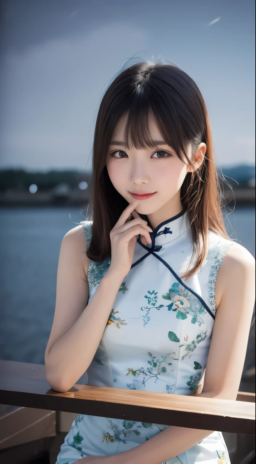 table top, highest quality, 8K, 10years old student girl, Ten generations, RAW photo, absurd, award-winning portraits, smile, alone, (night:1.8), idol face, violaces, delicate girl, Upper body, Digital single-lens reflex camera, looking at the viewer, Frank, Sophisticated,thin arms, professional lighting, film grain, chromatic aberration, (Eye and face details:1.0), (Bokeh:1.1) , (qipao dress:1.2) , close your mouth