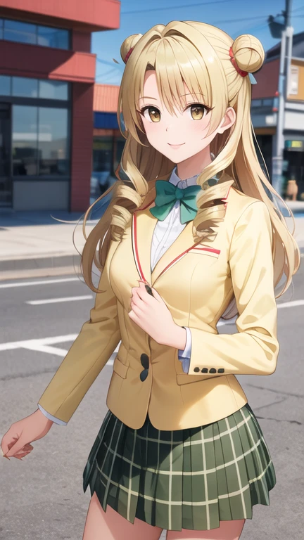 masterpiece, best quality, highres, 1girl, solo, long hair, blonde hair, double bun, drill hair, brown eyes, , green bowtie, blazer, yellow jacket, long sleeves, plaid skirt, green skirt, standing, cowboy shot, outdoors, smile,