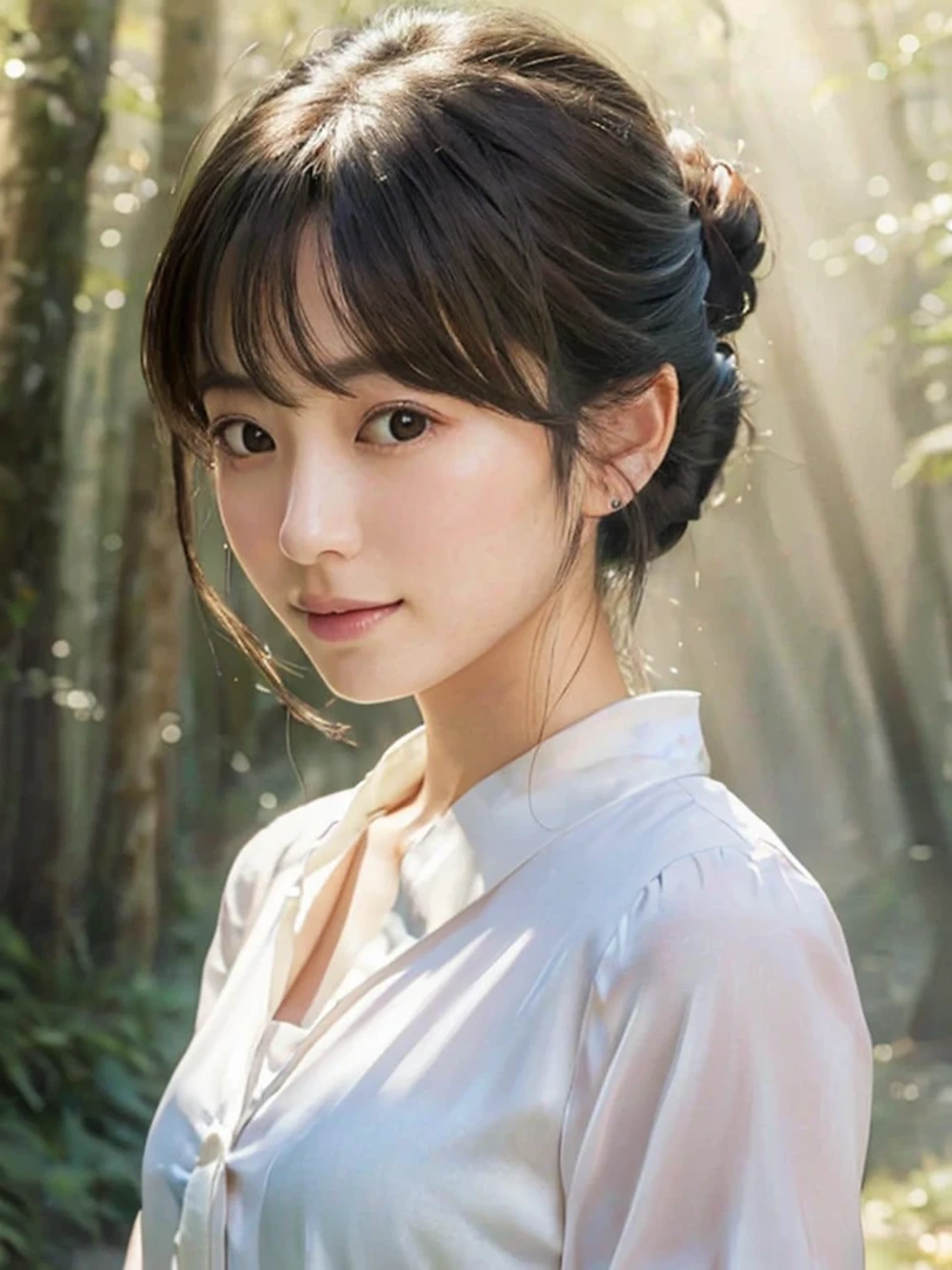 Beautiful Japanese girl, sad, open mouth to say something, shy, Soft skin and a nice perfect face, A small face with a nose and rosy lips, Beautiful Eyes, Beautiful smile. Surrounded by a bright, ethereal glow, half updo, silk blouse, Hyperrealistic female photos, High quality high resolution 8K masterpiece, The morning sunlight shines through the misty forest path,