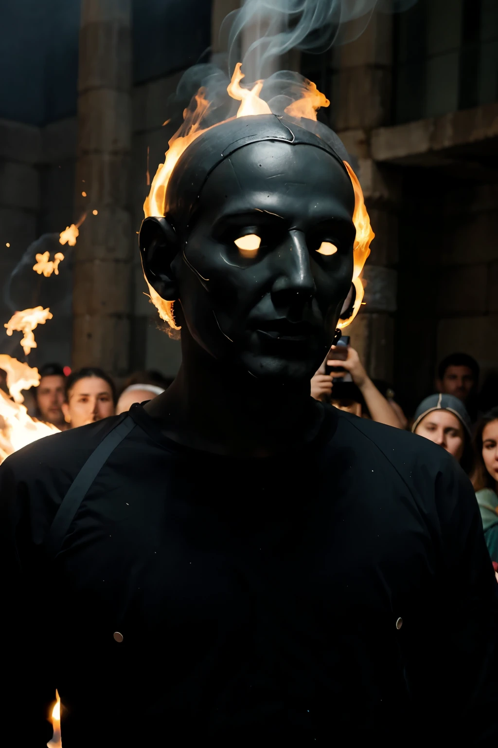 Mnemorythos appears as a smoky, humanoid figure, constantly shifting and flickering like a flame. It has no true face, but its form seems to shift to resemble forgotten memories. The location should display this entity in ancient greece with people huddled around it in fear, while people look at its distorted figure they point at it, and some try running in the background.