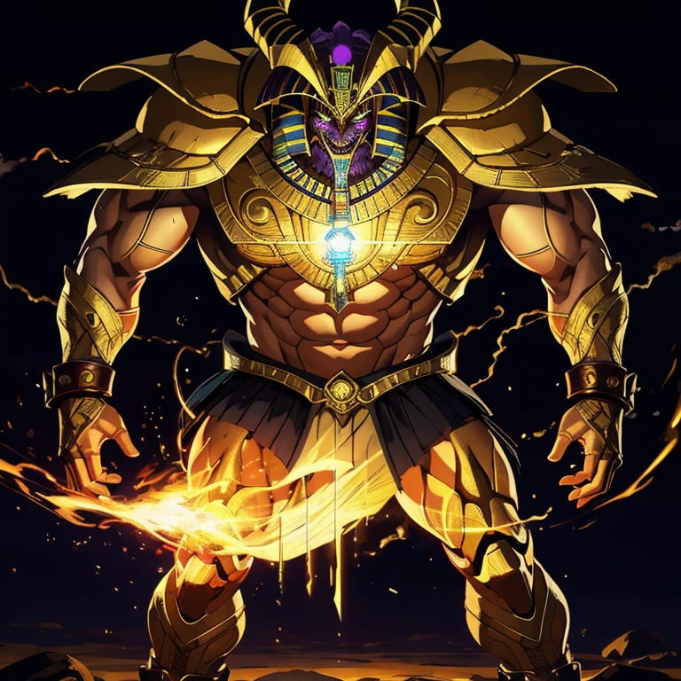 a powerful demonic god, a glowing purple lightning orb, extremely detailed demonic features, muscular bodybuilder physique, intense powerful expression, dramatic cinematic lighting, dark fantasy, cinematic composition, intricate highly detailed digital art, concept art, photorealistic, (best quality,8k,highres,masterpiece:1.2),ultra-detailed,(realistic,photorealistic,photo-realistic:1.37),HDR,UHD,studio lighting,ultra-fine painting,sharp focus,physically-based rendering,extreme detail description,professional,vivid colors,bokeha highly detailed, cinematic, hyper-realistic, 8k masterpiece of Exodia, the legendary Egyptian villain, posing in an angles , edgy, and gigantic stance, creating a powerful lightning orb, with high contrast and an amber color palette, wearing intricate Egyptian gauntlets, full body