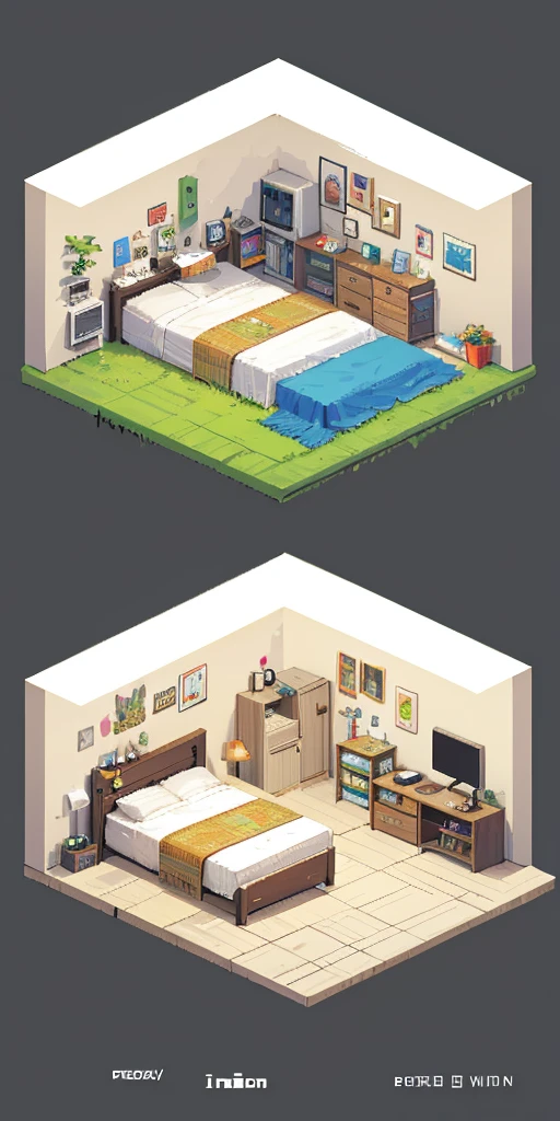 pixel art, luxurious bedrooms, isometric perspective, simple background