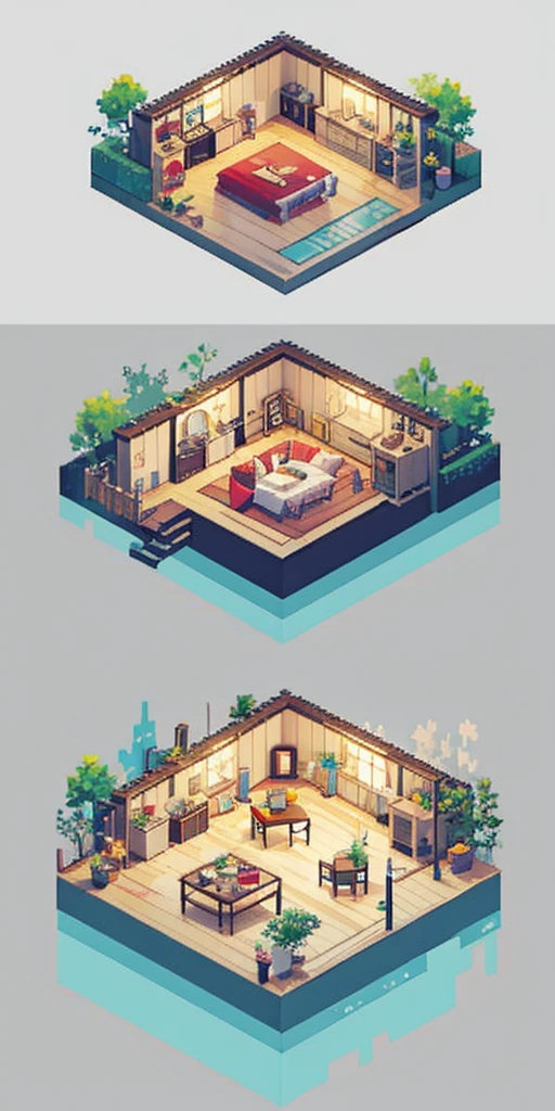 pixel art, luxurious bedrooms, isometric perspective, simple background