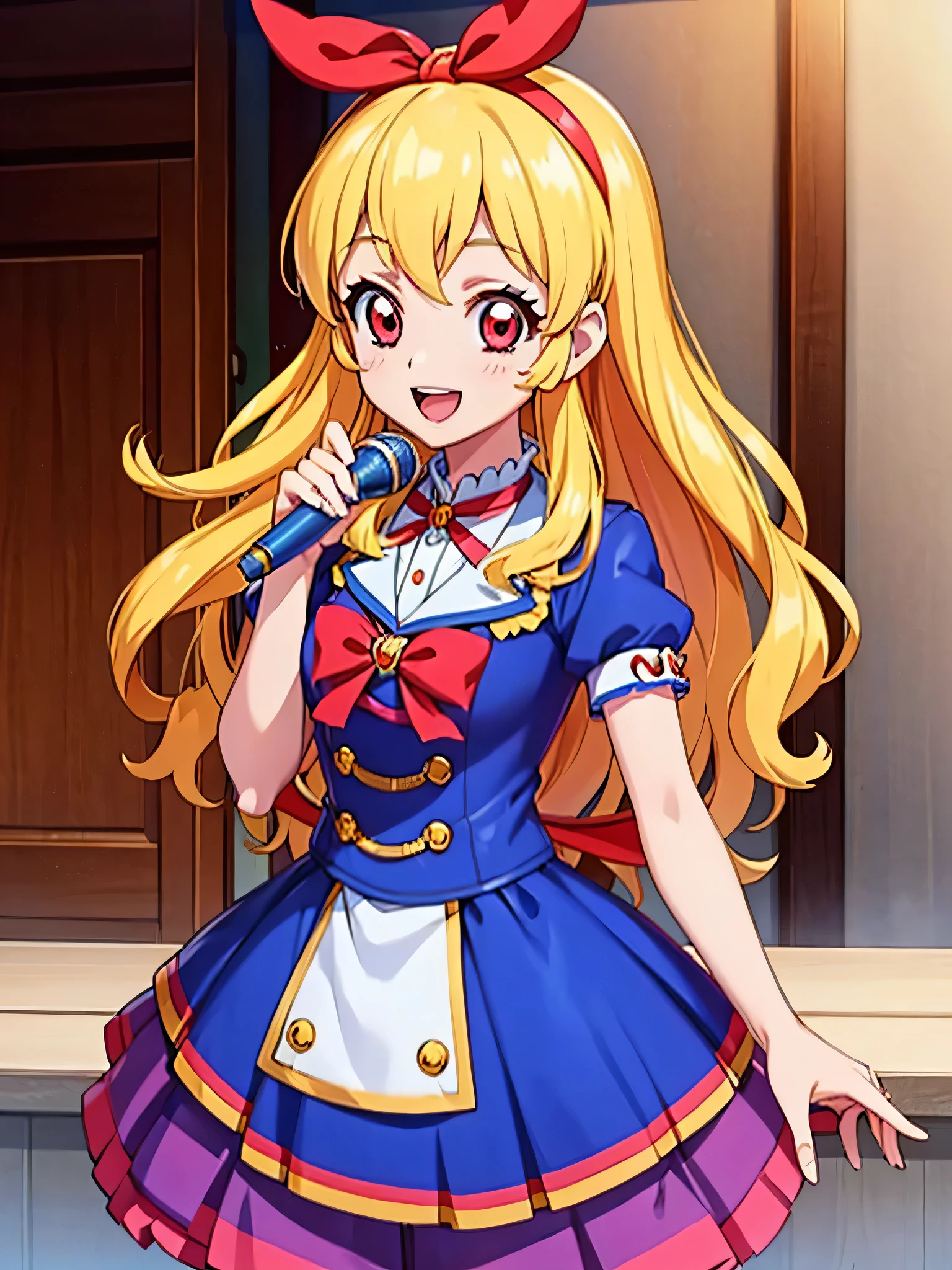 aikatsu, 1girl, hoshimiya ichigo, blonde hair, open mouth, smile, solo, red eyes, long hair, microphone, looking at viewer, idol, bow, wings