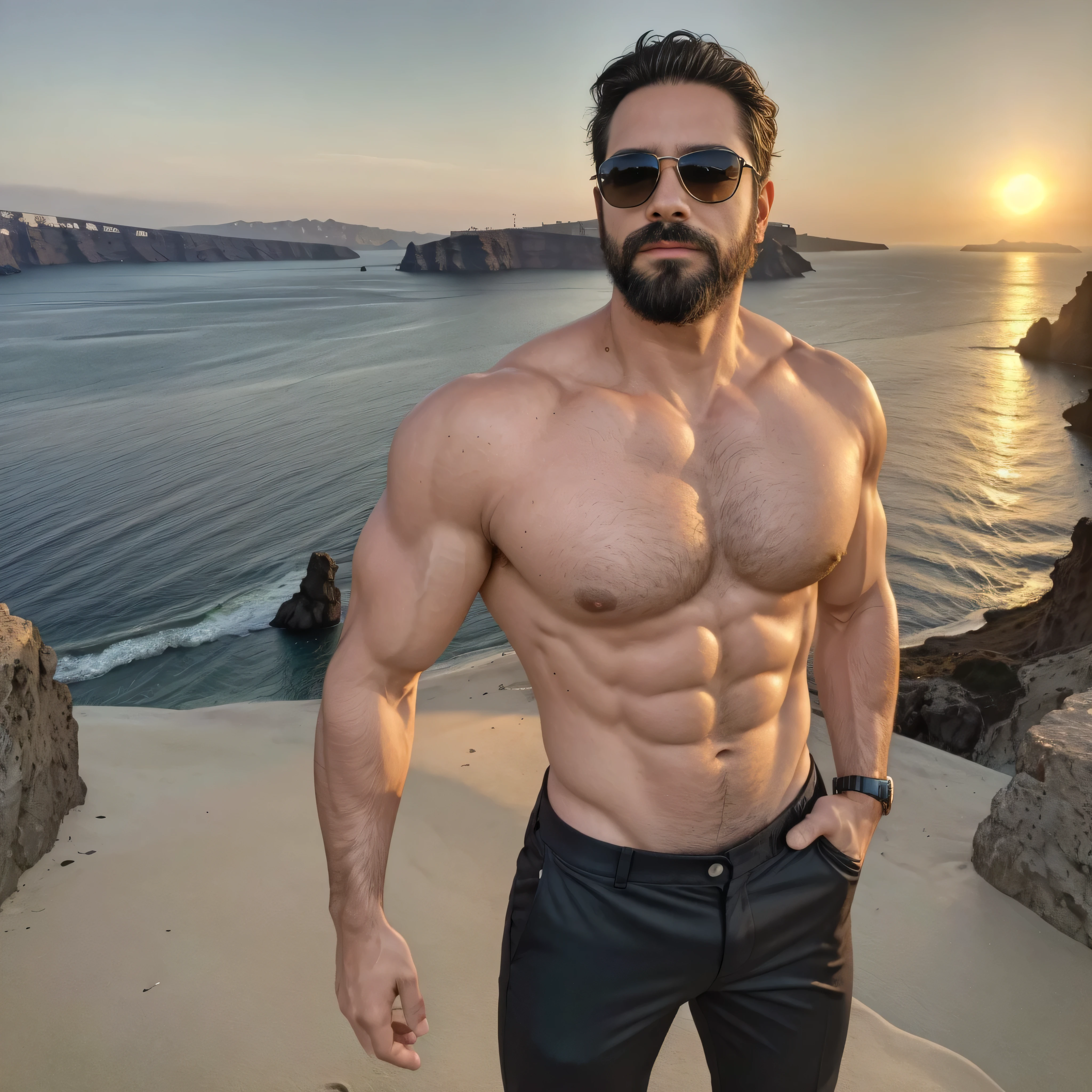 Create an image of an extremely sexy 38-year-old man with a well-groomed beard and stylish sunglasses. He should be shirtless, showcasing his toned upper body, while wearing sleek pants. The background should feature one of the world's most stunning sceneries, such as a pristine beach at sunset, the breathtaking cliffs of Santorini, or the iconic skyline of New York City. The setting should enhance his allure, with soft lighting highlighting his muscular physique and a confident, seductive expression on his face.