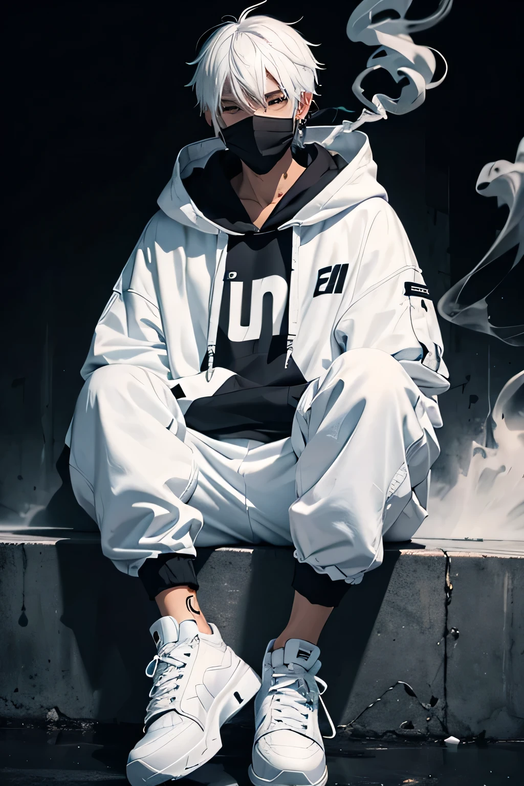 black aesthetic background, a hero wear hodie said “numb", white hair, sad expression, his hair cover his face, full body photoshot, using white sneakers, relax expression, smoking, masterpiece, detailed