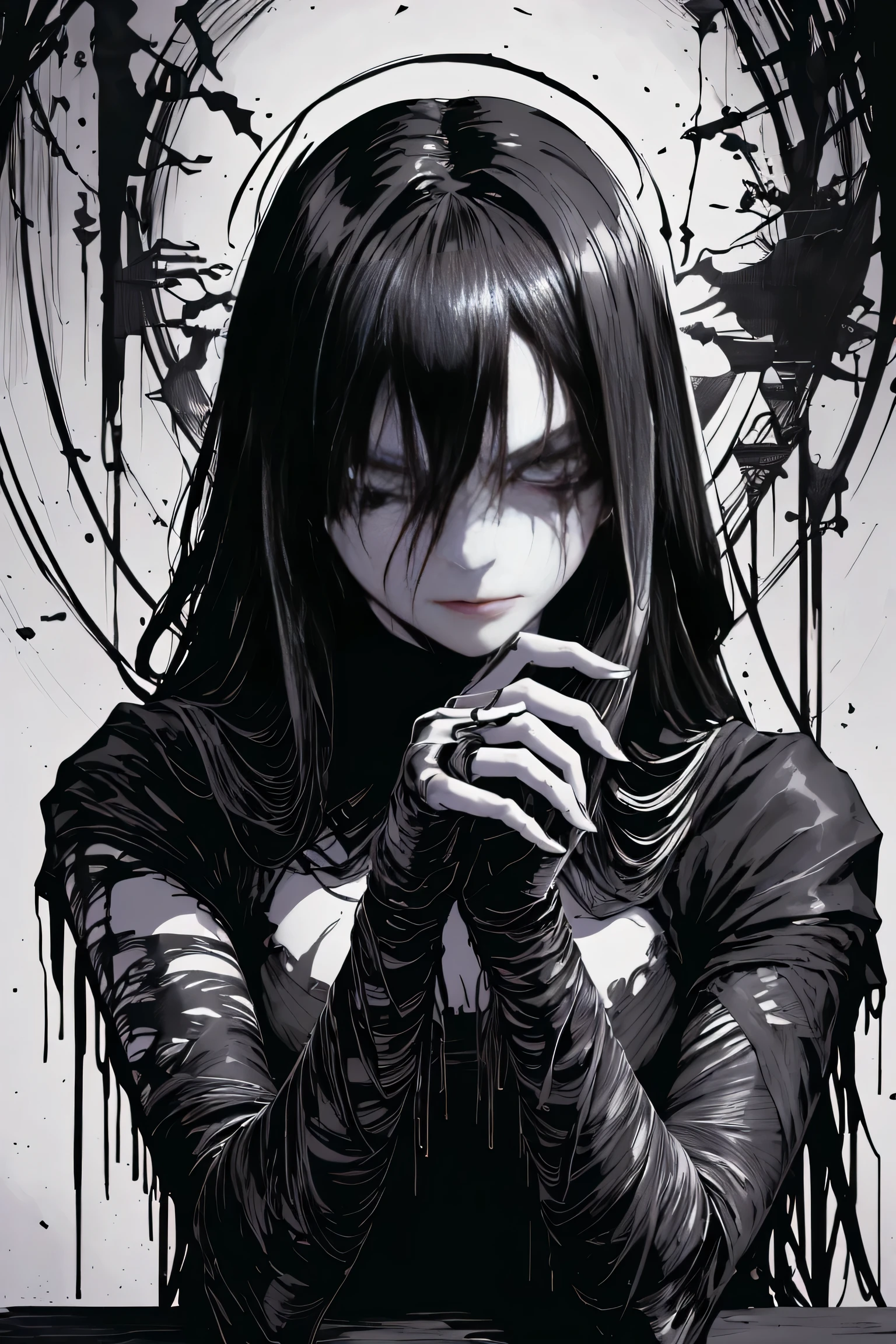 v5lcn style,ink art,(Best Quality,masutepiece:1.2),(black and white comic core:1.1),(extreme high contrast),Dark ink,1girl in,A dark-haired,Shadow on face、4K,resolution, ripped long hair, ring halo on head, Angel Girl, Angelic, horror.