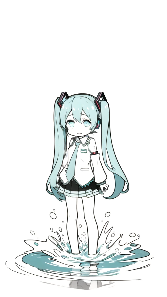 best quality, chibi, 1 girl,  miku, Hatsune Miku, (full body), Pure white background,Vivid,clearly,sad face,Are crying,Swim in the water