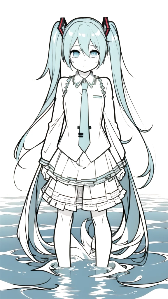 best quality, chibi, 1 girl, miku, Hatsune Miku, (full body), Pure white background,Vivid,clearly,sad face,Are crying,Swim in the water