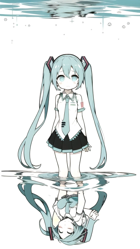 best quality, chibi, 1 girl,  miku, Hatsune Miku, (full body), Pure white background,Vivid,clearly,sad face,Are crying,Swim in the water