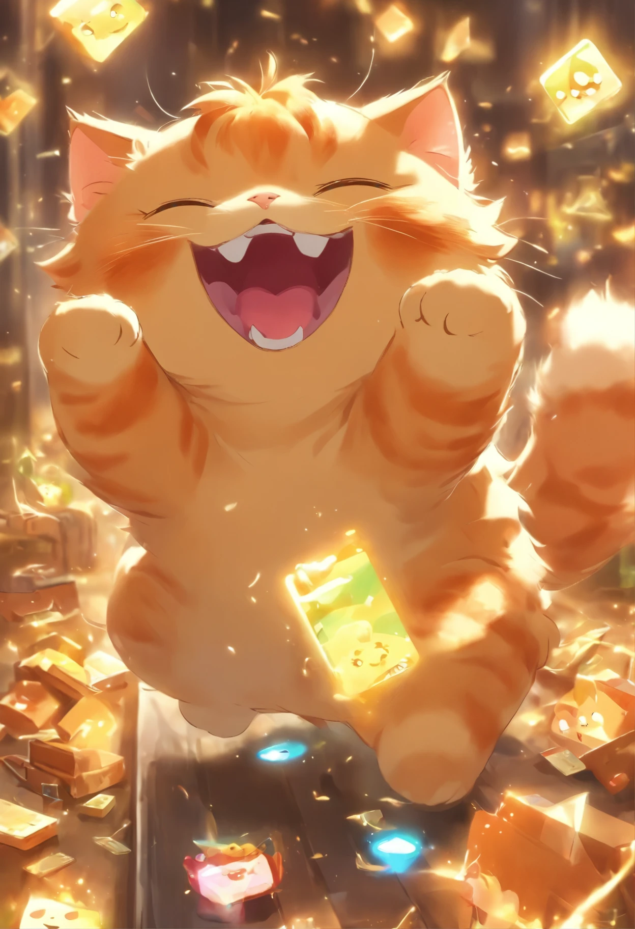 Fat Ginger Kitten happily plays with the smartphone again, completely unconcerned about it being locked away before.
Fat Ginger Kitten: (Giggling, having a great time)
