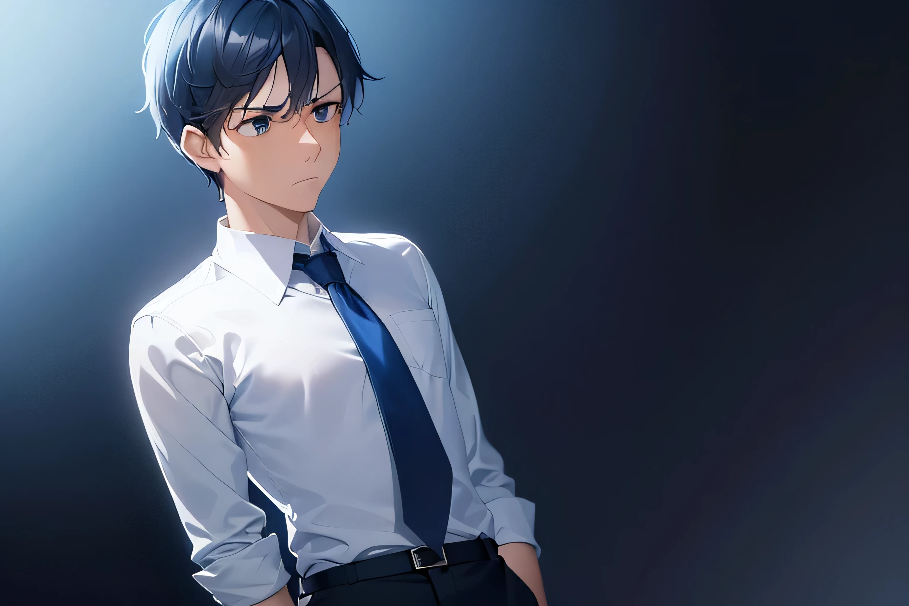 dutch angle, (looking away:2), masterpiece, high quality, 25-year-old man with short black hair and blue eyes, wearing a white shirt, wearing a dark blue tie, (Alone:2), (Expressionless:2), The background is a dark bedroom, bold composition, dark lighting, dim lighting, male on left side, male looking to right, dark lighting, expressionless male, dark blue hue lighting, meek male, rolled up white sleeves, shirt only, white collared shirt only, blue lighting, stark blue contrast