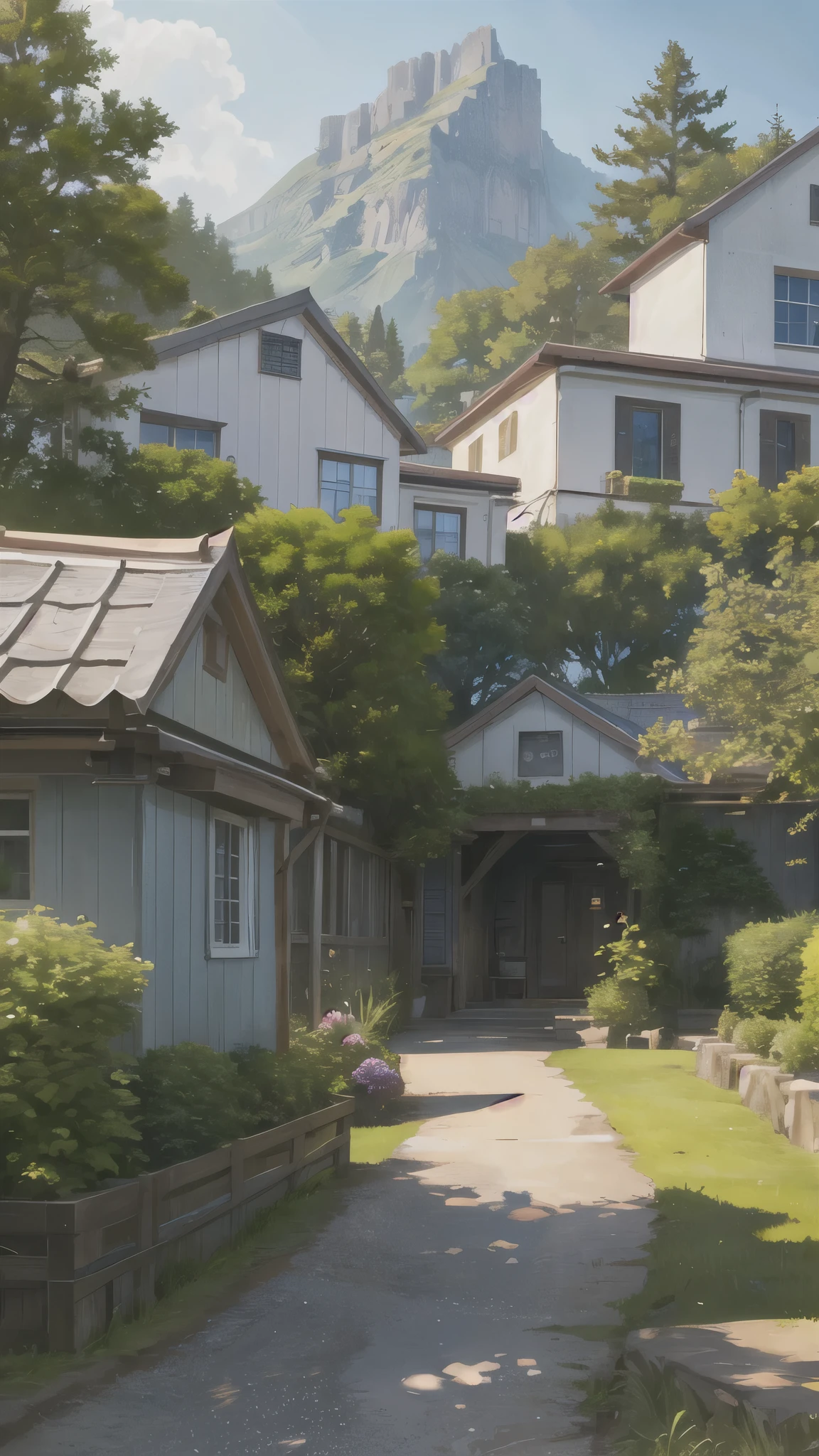 (ultra high res,photorealistic,best quality,photo-realistic),(8k,raw photo,best quality,masterplece),(photon mapping,radiosity,physically-based rendering,automatic white balance),real person,photograph,bridge, building, bush, city, cloud, day, door, fence, field,orest, garden, grass, house, hydrangea, mountain, nature, no_humans, outdoors, path, plant, potted_plant, purple_flower, road, scenery, sky, skyscraper, traditional_media, tree,