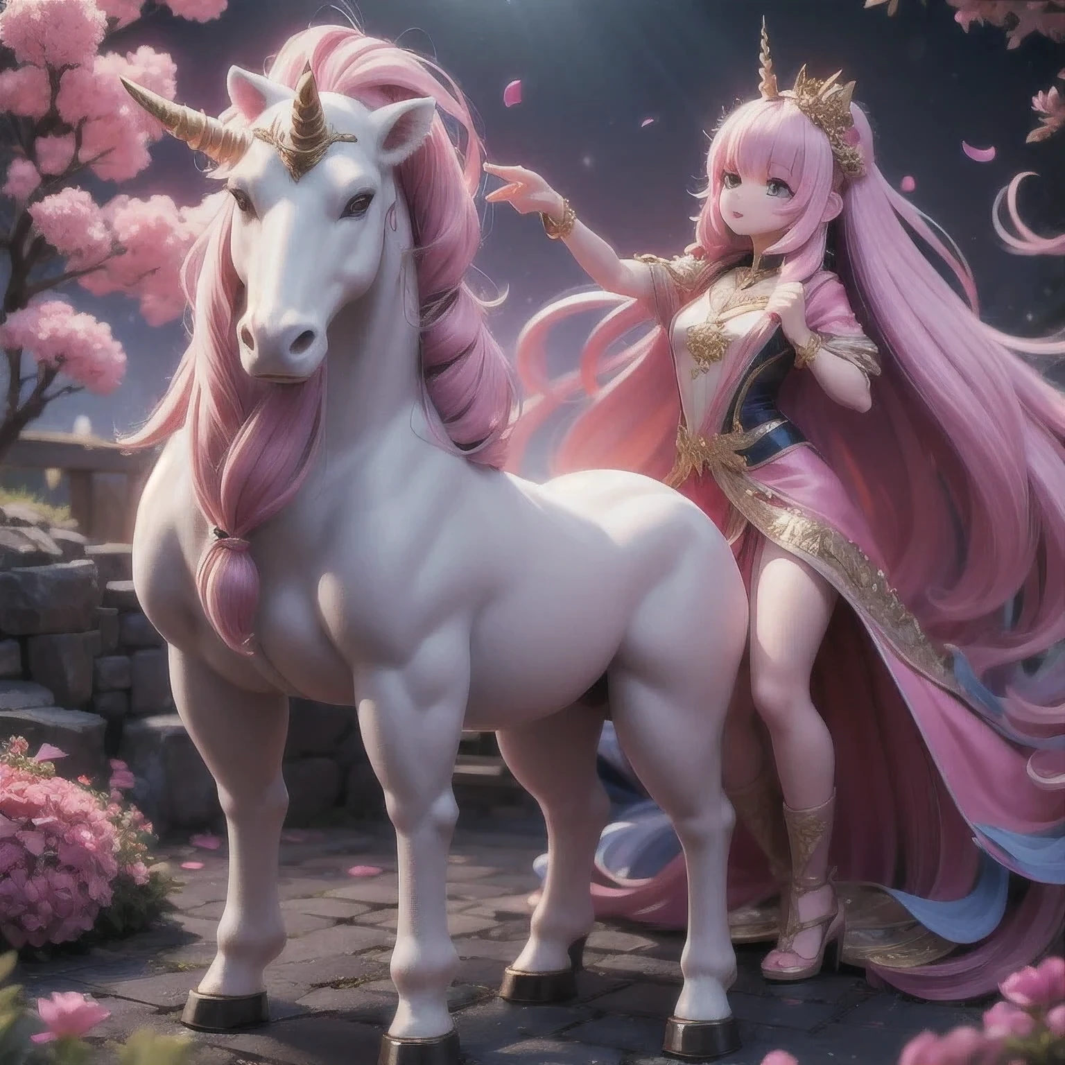 there is a unicorn with a long mane and a pink dress, white unicorn, unicorn, a unicorn, 8k high quality detailed art, 4 k detail fantasy, 4k fantasy art, detailed digital anime art, trending on artstation pixiv, 2. 5 d cgi anime fantasy artwork, anime fantasy artwork, by Yang J, 4 k 