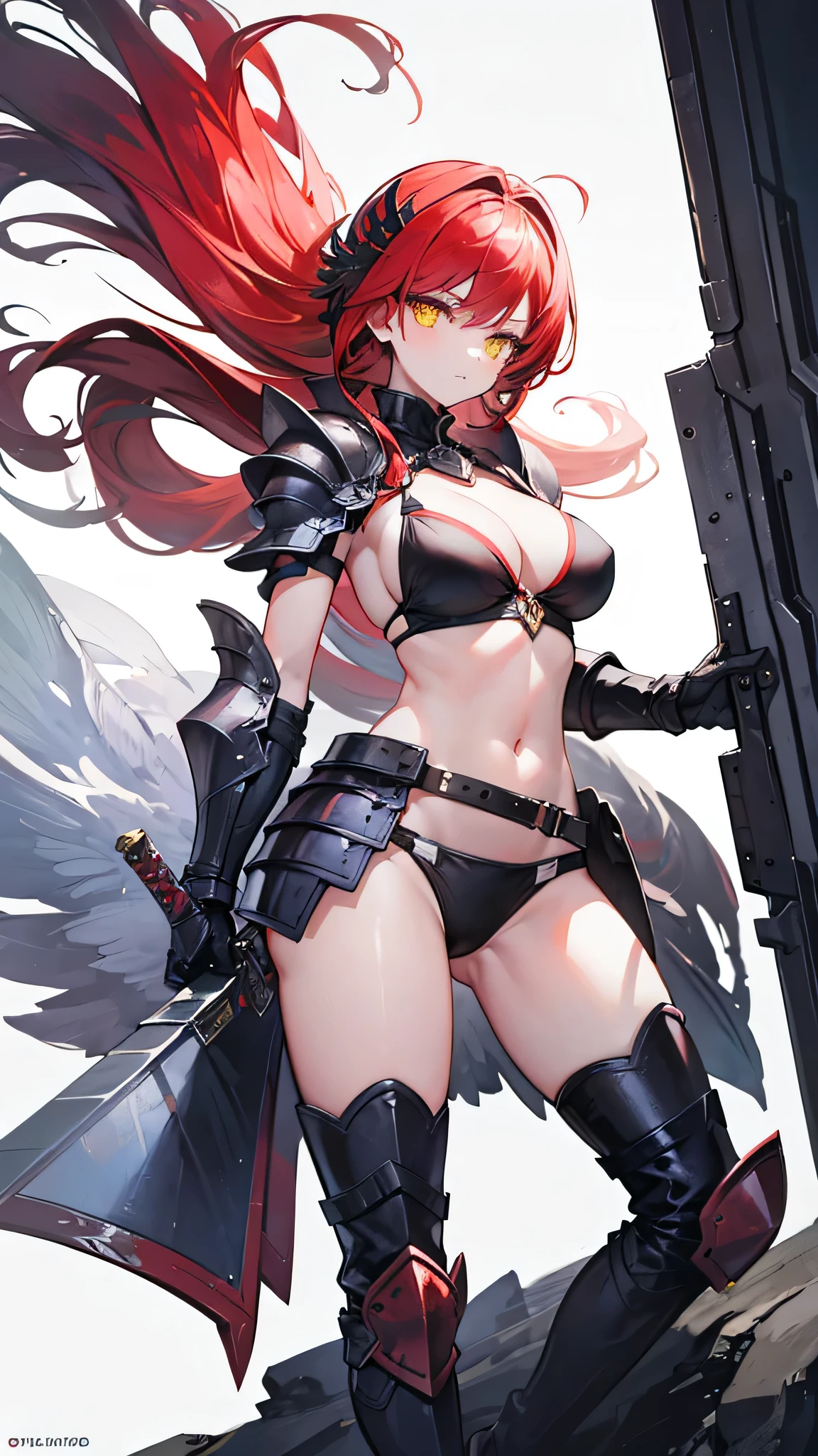 1girl, armor, red_hair, weapon, long_hair, helmet, solo, sword, shield, breasts, bird, shoulder_armor, bikini_armor, glowing, yellow_eyes, cleavage, boots