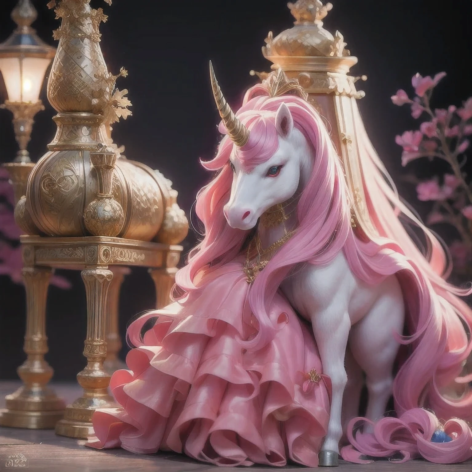 there is a unicorn with a long mane and a pink dress, white unicorn, unicorn, a unicorn, 8k high quality detailed art, 4 k detail fantasy, 4k fantasy art, detailed digital anime art, trending on artstation pixiv, 2. 5 d cgi anime fantasy artwork, anime fantasy artwork, by Yang J, 4 k 