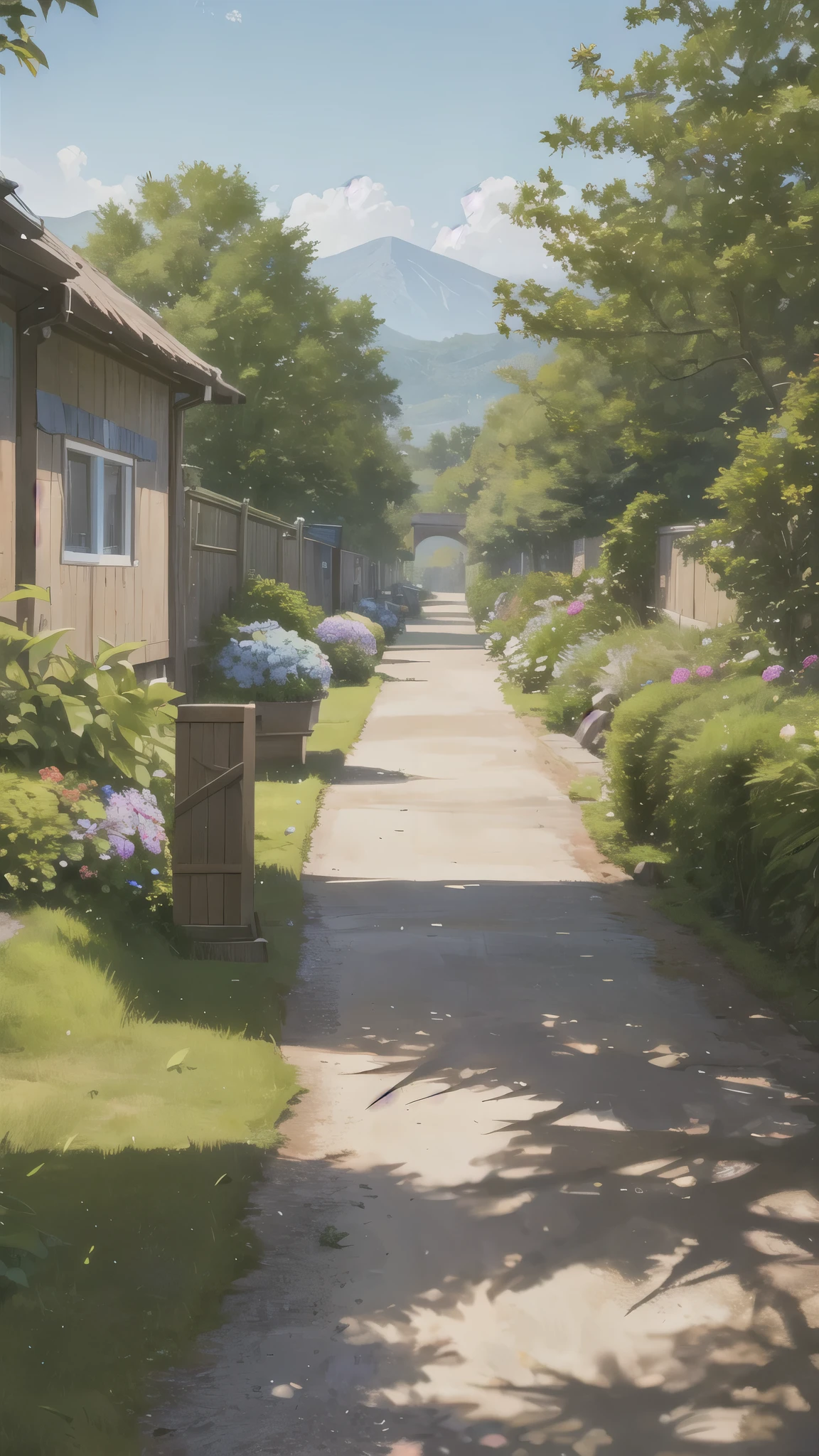 (ultra high res,photorealistic,best quality,photo-realistic),(8k,raw photo,best quality,masterplece),(photon mapping,radiosity,physically-based rendering,automatic white balance),real person,photograph,bridge, building, bush, city, cloud, day, door, fence, field,orest, garden, grass, house, hydrangea, mountain, nature, no_humans, outdoors, path, plant, potted_plant, purple_flower, road, scenery, sky, skyscraper, traditional_media, tree,
