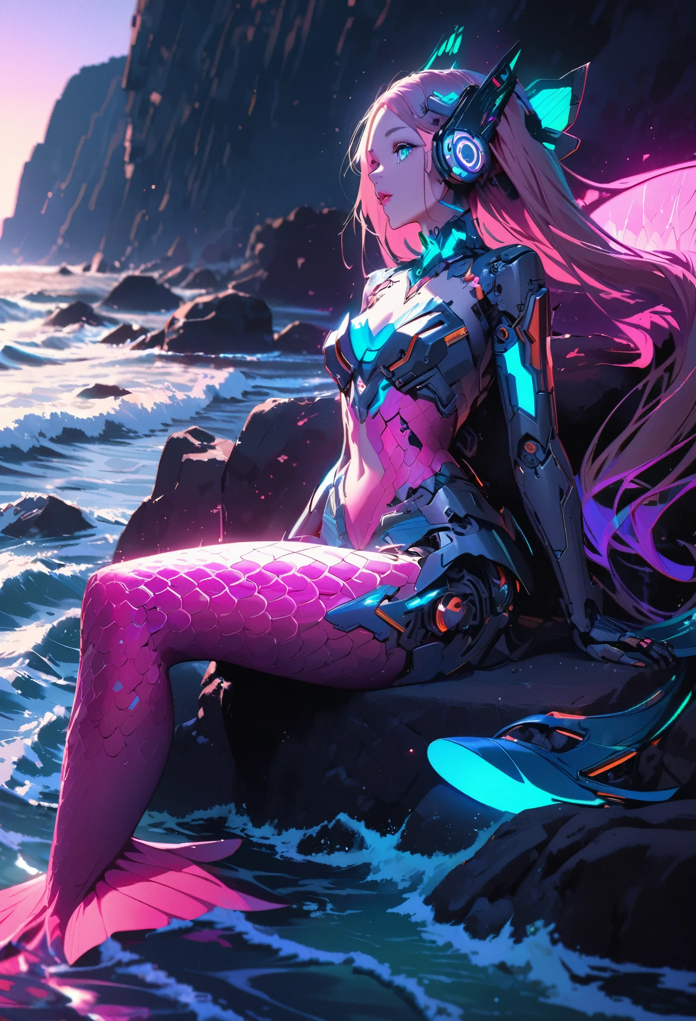 cyberpunk cyborg Mermaid Princess, beautiful detailed eyes, beautiful detailed lips, intricate cyberpunk mermaid tail,Whole-body image, highly detailed, intricate mechanical design, glowing neon lights, chrome and metal accents, Sitting on a stone by the coast, ocean waves, sunlight glimmering on the water, rocky coastline,dramatic lighting, vibrant color palette, cinematic composition, masterpiece