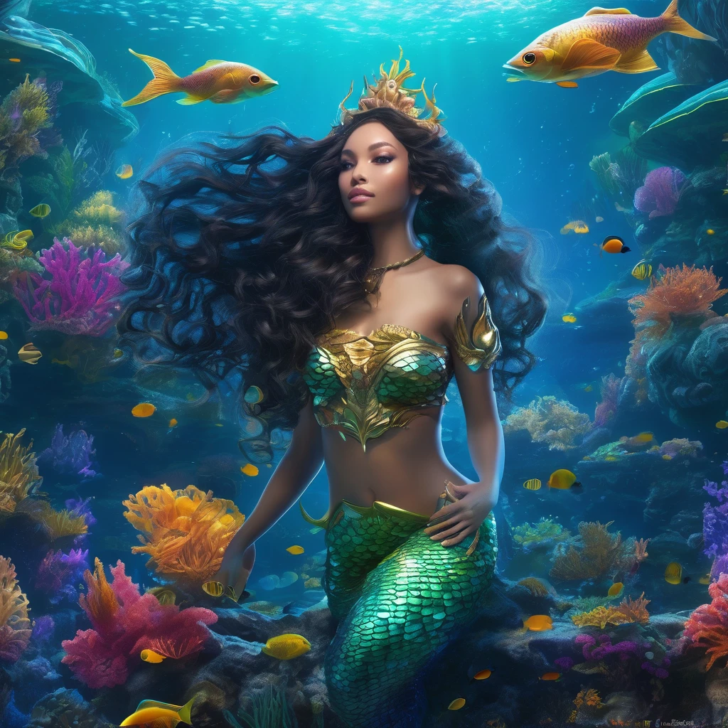 a high-tech mermaid spaceship, a crew of beautiful merpeople, coral and kelp accents, ultra-detailed, hyper realistic, 8k, photorealistic, dynamic lighting, dramatic lighting, cinematic, volumetric fog, glowing bioluminescent elements, intricate mechanical details, advanced holographic interfaces, seamless integration of organic and inorganic elements, ethereal and otherworldly atmosphere, vibrant colors, deep ocean tones, shimmering scales, graceful mermaid figures, flowing hair and fins, serene and awe-inspiring a beautiful mermaid princess, (malaysian, age 25, busty, broad hips, ornate hair, sea creature bikini, long colorful hair, big eyes, very fishlike below the waist) the princess is in a power position next to the captain of the ship