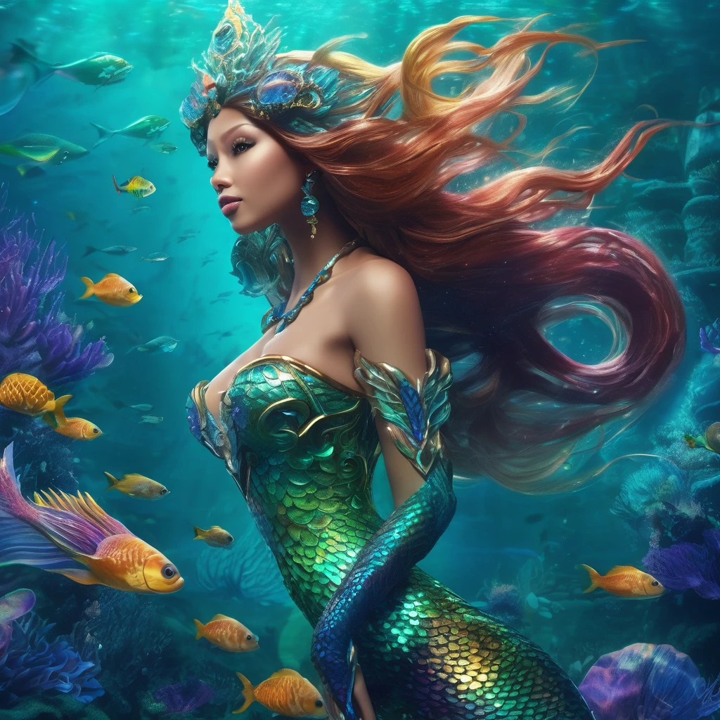 a high-tech mermaid spaceship, a crew of beautiful merpeople, coral and kelp accents, ultra-detailed, hyper realistic, 8k, photorealistic, dynamic lighting, dramatic lighting, cinematic, volumetric fog, glowing bioluminescent elements, intricate mechanical details, advanced holographic interfaces, seamless integration of organic and inorganic elements, ethereal and otherworldly atmosphere, vibrant colors, deep ocean tones, shimmering scales, graceful mermaid figures, flowing hair and fins, serene and awe-inspiring a beautiful mermaid princess, (malaysian, age 25, busty, broad hips, ornate hair, sea creature bikini, long colorful hair, big eyes, very fishlike below the waist) the princess is in a power position next to the captain of the ship