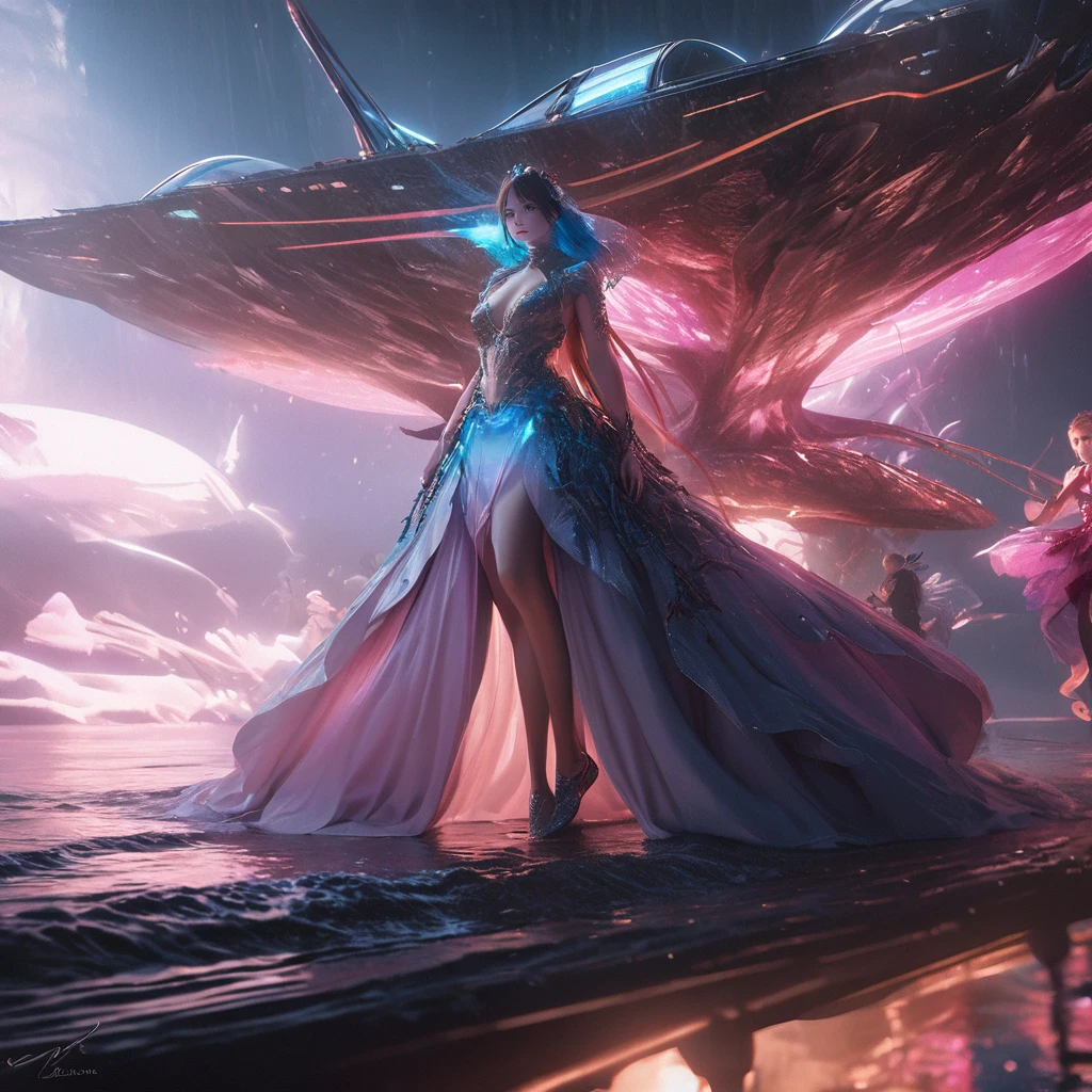 a high-tech mermaid spaceship, a crew of beautiful merpeople, coral and kelp accents, ultra-detailed, hyper realistic, 8k, photorealistic, dynamic lighting, dramatic lighting, cinematic, volumetric fog, glowing bioluminescent elements, intricate mechanical details, advanced holographic interfaces, seamless integration of organic and inorganic elements, ethereal and otherworldly atmosphere, vibrant colors, deep ocean tones, shimmering scales, graceful mermaid figures, flowing hair and fins, serene and awe-inspiring a beautiful mermaid princess, (malaysian, age 25, busty, broad hips, ornate hair, sea creature bikini, long colorful hair, big eyes, very fishlike below the waist) the princess is in a power position next to the captain of the ship