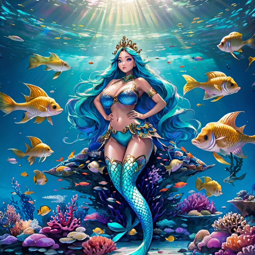 a high-tech mermaid spaceship, a crew of beautiful merpeople, coral and kelp accents, ultra-detailed, hyper realistic, 8k, photorealistic, dynamic lighting, dramatic lighting, cinematic, volumetric fog, glowing bioluminescent elements, intricate mechanical details, advanced holographic interfaces, seamless integration of organic and inorganic elements, ethereal and otherworldly atmosphere, vibrant colors, deep ocean tones, shimmering scales, graceful mermaid figures, flowing hair and fins, serene and awe-inspiring a beautiful mermaid princess, (malaysian, age 25, busty, broad hips, ornate hair, sea creature bikini, long colorful hair, big eyes, very fishlike below the waist) the princess is in a power position next to the captain of the ship