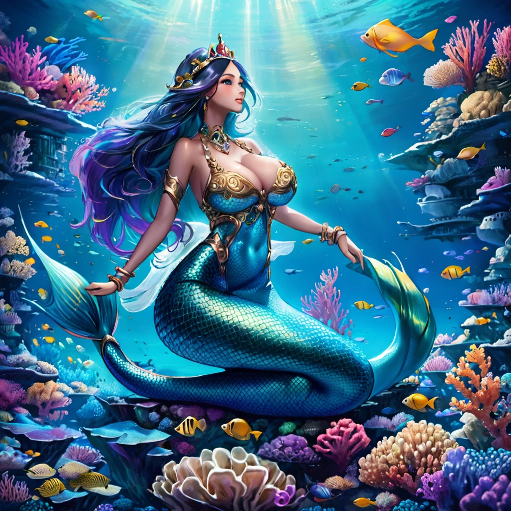 a high-tech mermaid spaceship, a crew of beautiful merpeople, coral and kelp accents, ultra-detailed, hyper realistic, 8k, photorealistic, dynamic lighting, dramatic lighting, cinematic, volumetric fog, glowing bioluminescent elements, intricate mechanical details, advanced holographic interfaces, seamless integration of organic and inorganic elements, ethereal and otherworldly atmosphere, vibrant colors, deep ocean tones, shimmering scales, graceful mermaid figures, flowing hair and fins, serene and awe-inspiring a beautiful mermaid princess, (malaysian, age 25, busty, broad hips, ornate hair, sea creature bikini, long colorful hair, big eyes, very fishlike below the waist) the princess is in a power position next to the captain of the ship