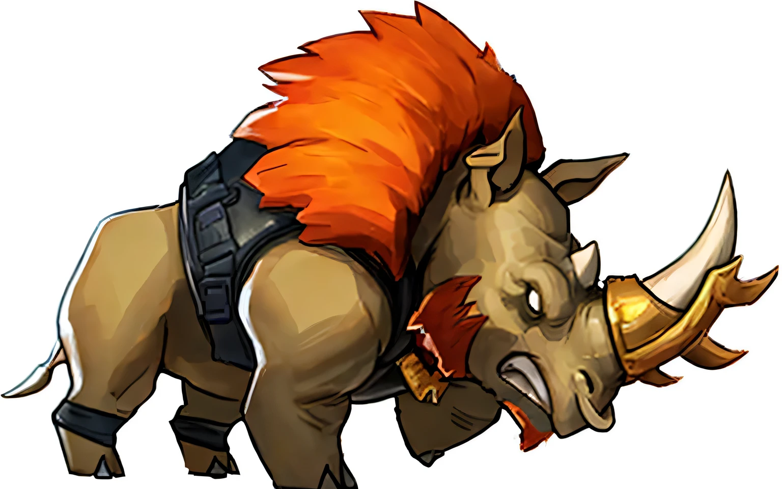 A rhinoceros，Cartoon Style，ferocious，Strong physique，Orange hair。Black shiny leather vest，gold accessories，Red beard，mighty，HD，Photography Lighting