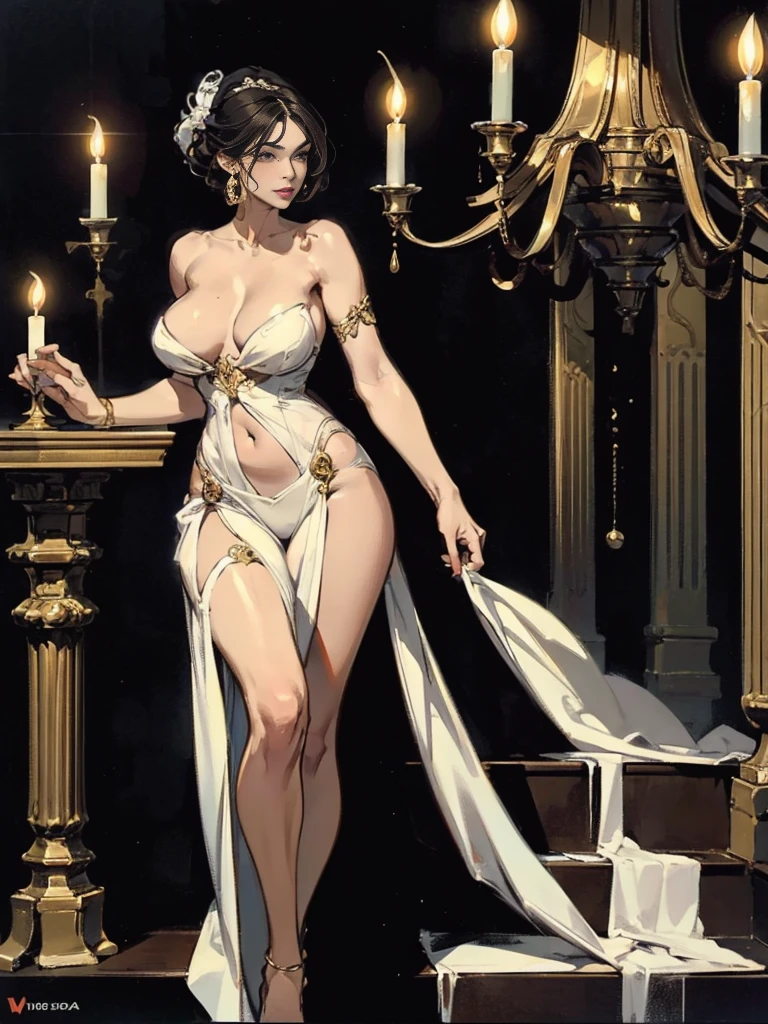 A beautiful, deeply sexy, stunning, provocative woman, with large, round breasts, topless, thin waist, long legs, slender and defined body, descends a luxurious staircase of a mansion. Candles in candelabras, lights and shadows, detailed and cinematic light. Obra de arte, UHD, ultra detalhado, encantador, sensualidade.