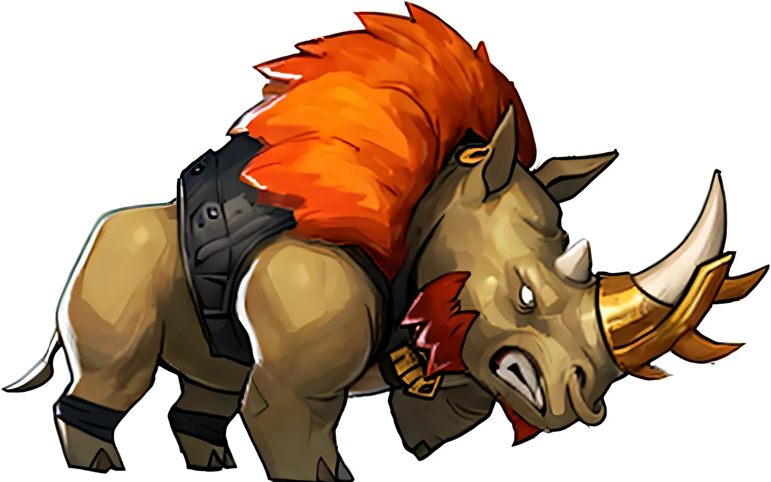 A rhinoceros，Cartoon Style，ferocious，Strong physique，Orange hair。Black shiny leather vest，gold accessories，Red beard，mighty，HD，Photography Lighting