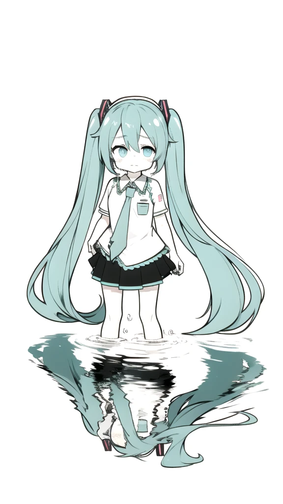 best quality, chibi, 1 girl,  miku, Hatsune Miku, (full body), Pure white background,Vivid,clearly,sad face,Are crying,Swim in the water