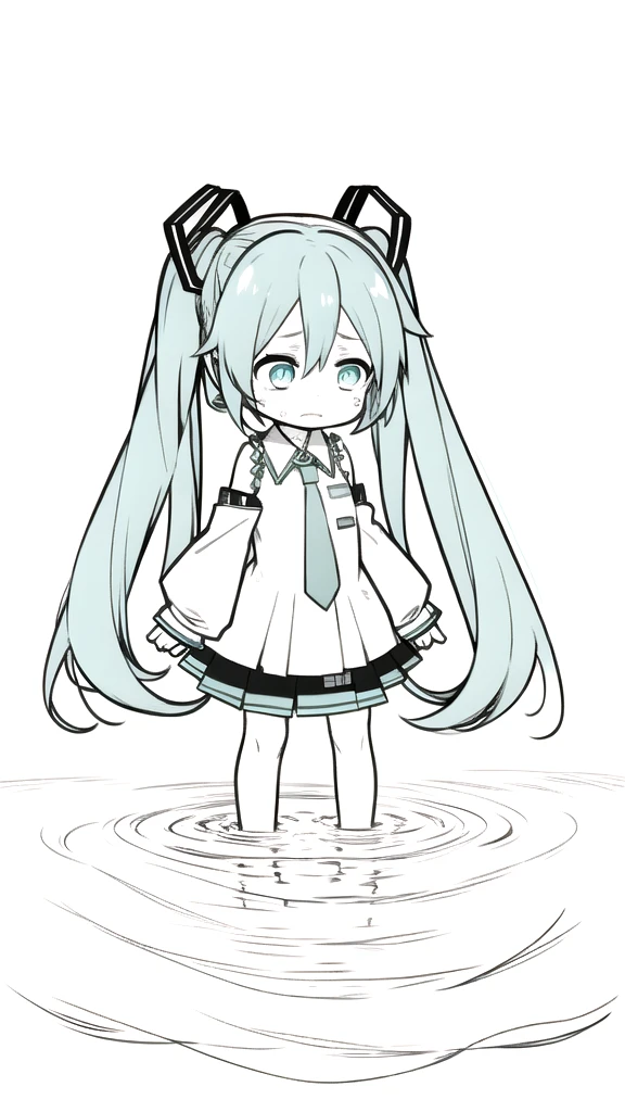 best quality, chibi, 1 girl, miku, Hatsune Miku, (full body), Pure white background,Vivid,clearly,sad face,Are crying,Swim in the water
