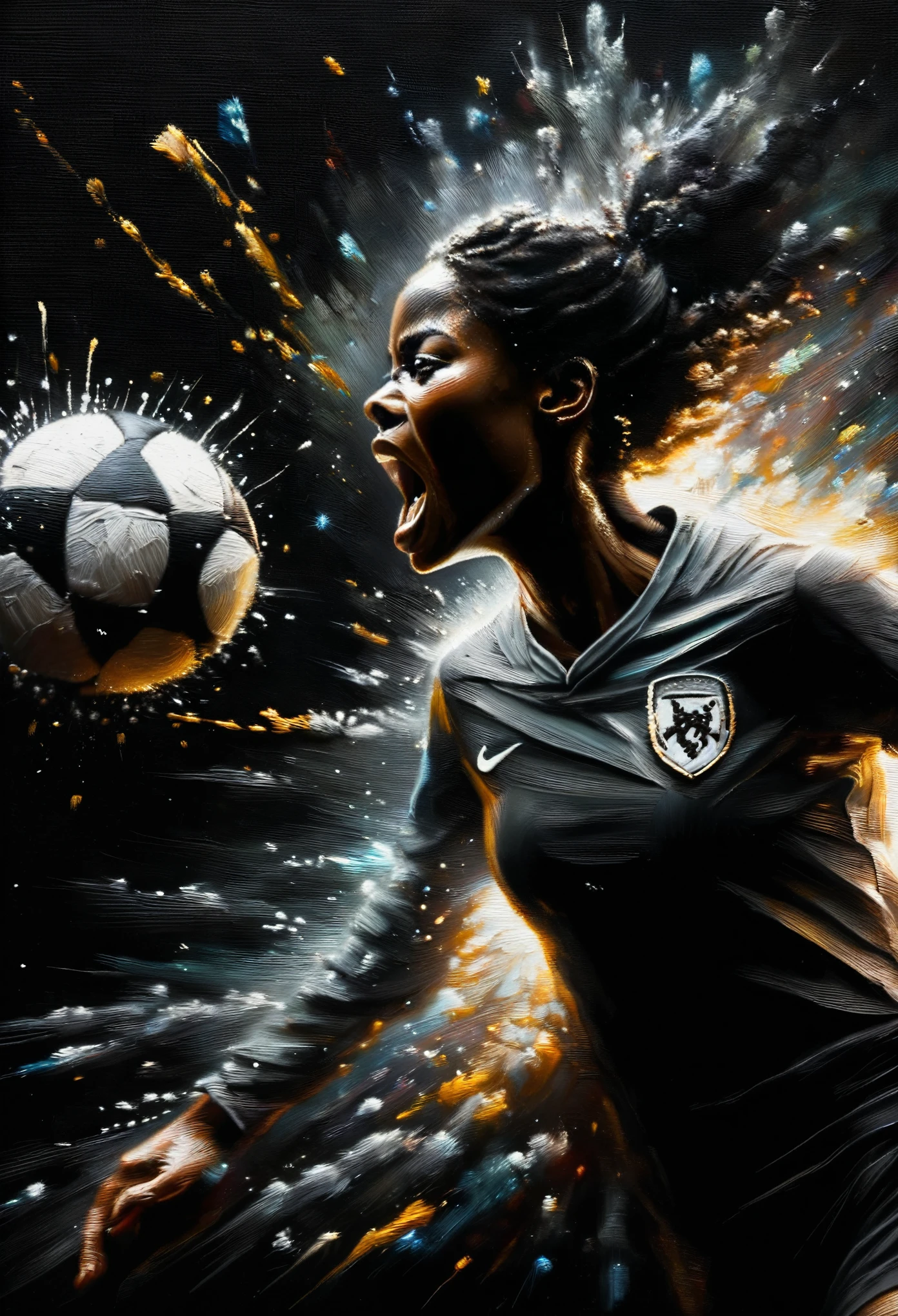 4D portrait of An expressive oil painting of a black female soccer player scoring, depicted as an explosion of a nebula, Oil Painting, 3/4 Profile view, detailed embroidery, Moody chiaroscuro lighting, hight resolution