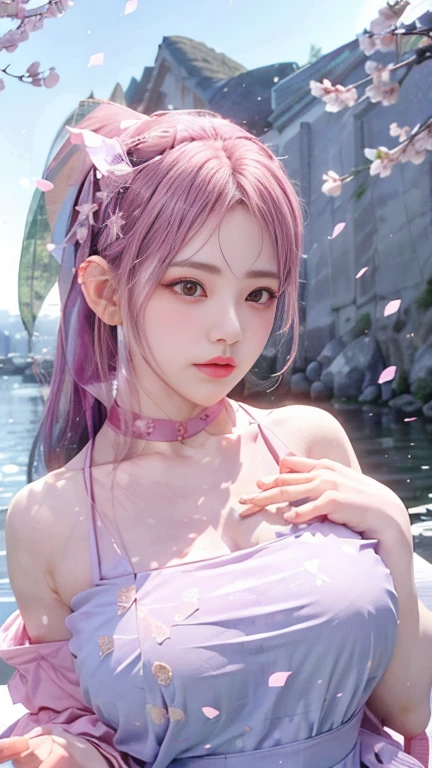 (best quality, 8K, masterpiece: 1.3), ((((((extremely huge breasts: 0.8))))), Single ponytail, (Pretty Face:1.3), Sakura is in full bloom, Cherry Blossoms, Floating cherry blossom petals, Gorgeous, Authentic Korean Hanbok