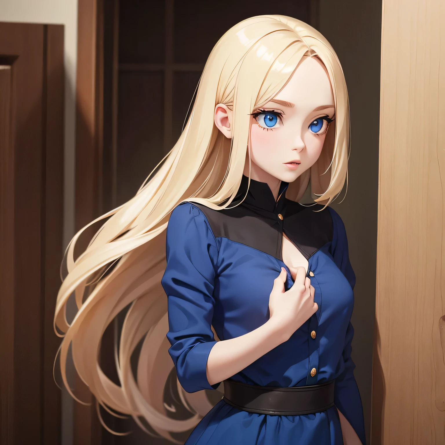 A beautiful and shy young blonde woman with long hair, blue eyes, pale skin, full lips, a button nose, a slender figure, small breasts, and wearing a blue dress
