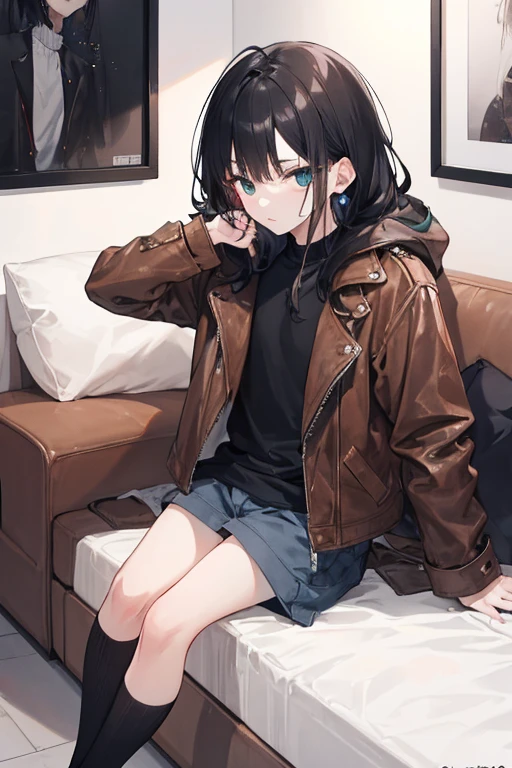 man,small head, oval asian tepared face, no expression so cold, with sharp shape eye, coma hair litle bit mess, thin, and ear a litlte bit large, , wearing brown leather jacket