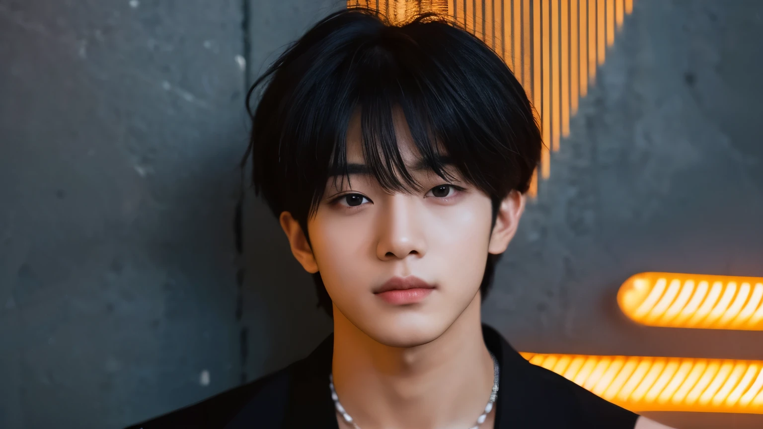 (Highly realistic photos, concentrate、High resolution, Detailed face, Detailed Hair,fine grain), ((Shooting in front of a wall))、Japanese men, 20-year-old, One boy,Only one person is in the photo、Natural look、 Upper body portrait,masterpiece,Kim Tae-hyung,Kim Taehyung\(BTS\),Stage makeup,Fair skin,Broad shoulders:1.5,(Black Hair, :1.2),shy,This intense neon lighting casts dynamic, colorful shadows on his face, emphasizing the lively energy of Tokyo's night life --ar 3:4 --style raw --stylize 250、