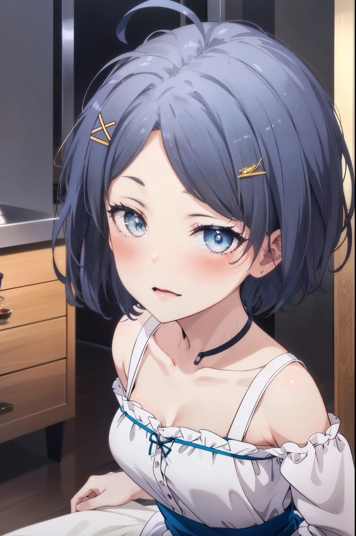 komachihikigaya, komachi hikigaya, short hair, Black Hair, hair ornaments, Ahoge, Hair Clip, x hair ornaments, (Purple eyes:1.1), tooth, smile, Open your mouth, blush,Embarrassing,hair ornaments,Long Hair,Short braided hair, 星 hair ornaments,Maid clothes,Long skirt,Exposing shoulders,White pantyhose,whole bodyがイラストに入るように,Stiletto heels,
break indoors, coffee shop,     　　　　　 break looking at viewer,whole body,
break (masterpiece:1.2), highest quality, High resolution, unity 8k wallpaper, (shape:0.8), (Beautiful and beautiful eyes:1.6), Highly detailed face, Perfect lighting, Highly detailed CG, (Perfect hands, Perfect Anatomy),