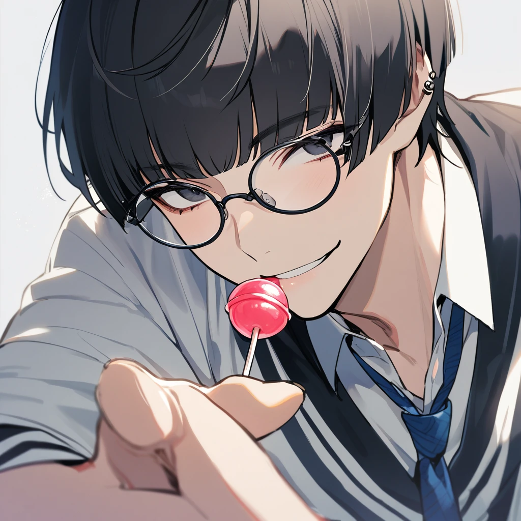 1 man, black hair, bangs, bowl cut, piercing, flamboyant, smiling, black eyes, handsome, white shirt, blue tie, sucking a lollipop, holding a lollipop, cute, innocent, round big glasses