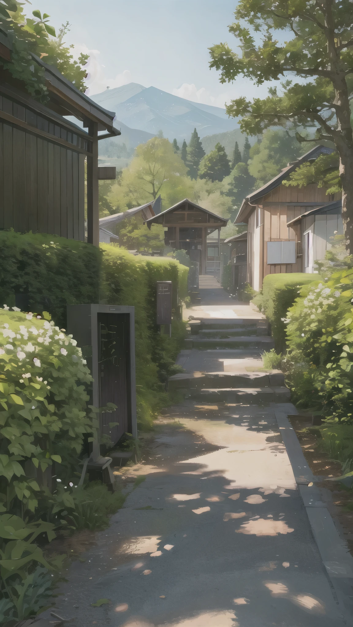 (ultra high res,photorealistic,best quality,photo-realistic),(8k,raw photo,best quality,masterplece),(photon mapping,radiosity,physically-based rendering,automatic white balance),real person,photograph,bridge, building, bush, city, cloud, day, door, fence, field,orest, garden, grass, house, hydrangea, mountain, nature, no_humans, outdoors, path, plant, potted_plant, purple_flower, road, scenery, sky, skyscraper, traditional_media, tree,