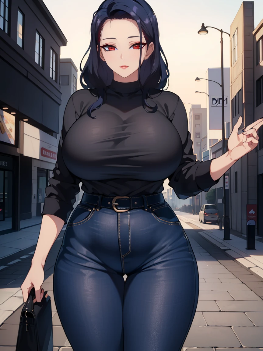 (Uhd, Masterpiece, Textured Skin, Super Detail, High Details, High Quality, Best Quality), 1woman, mature pretty woman, ((Thicc body, wide hips, thick thighs, big breasts)), (blue tied hair), tall, standing, (Black shirt with a long jacket, black jeans), (Mall in the background)
