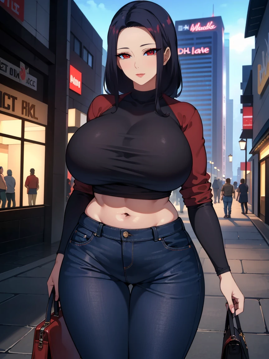 (Uhd, Masterpiece, Textured Skin, Super Detail, High Details, High Quality, Best Quality), 1woman, mature pretty woman, ((Thicc body, wide hips, thick thighs, big breasts)), red eyes, blue straight hair, tall, standing, (Black shirt with a long jacket, black jeans), (Mall in the background)