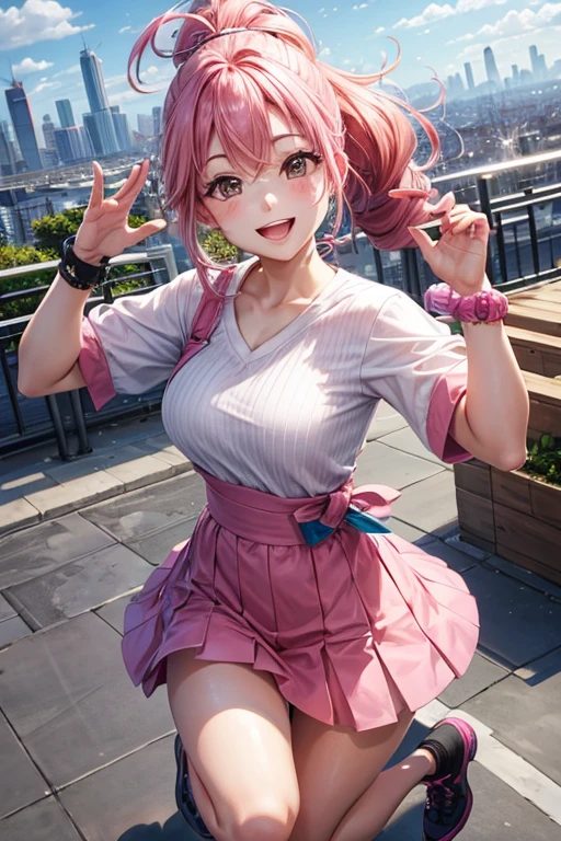 A lively woman、Pink Hair Color、Ponytail hairstyle、Hair on both cheeks、jumping scene、smile、Cityscape、Daytime、Sparkling