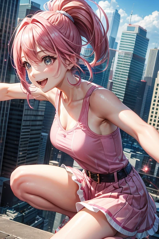A lively woman、Pink Hair Color、Ponytail hairstyle、Hair on both cheeks、jumping scene、smile、Cityscape、Daytime、Sparkling